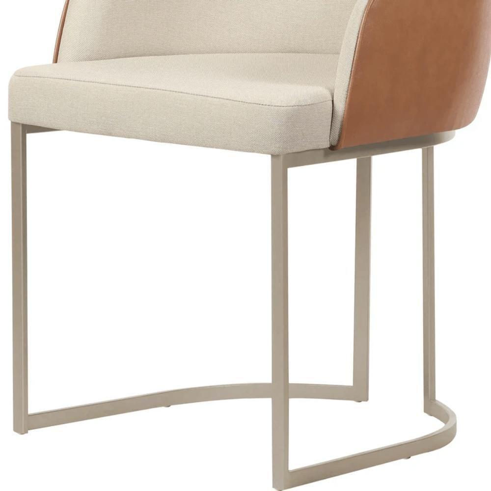 Cadeira Estofada Albany Pés Em Aço De Carbono Champanhe Assento Em Linho Off White E Pu Caramelo - 3