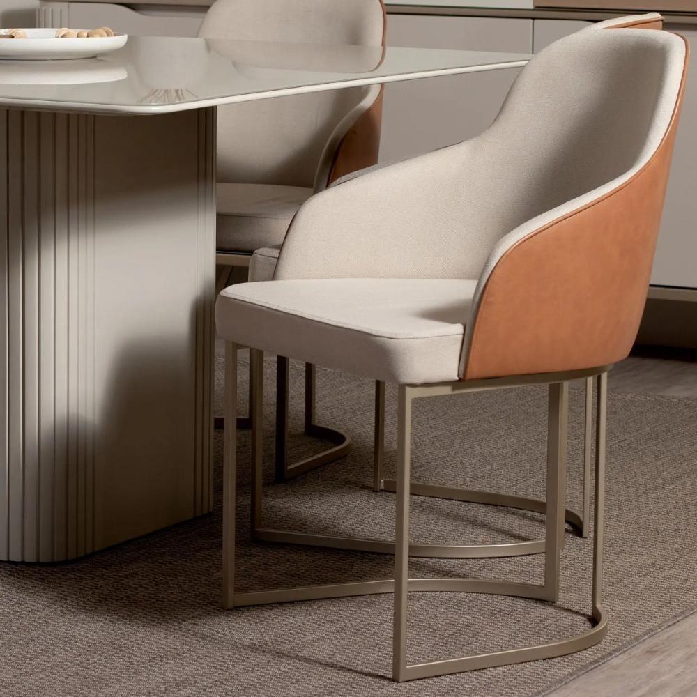 Cadeira Estofada Albany Pés Em Aço De Carbono Champanhe Assento Em Linho Off White E Pu Caramelo - 6