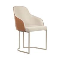 Cadeira Estofada Albany Pés Em Aço De Carbono Champanhe Assento Em Linho Off White E Pu Caramelo - 1