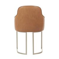 Cadeira Estofada Albany Pés Em Aço De Carbono Champanhe Assento Em Linho Off White E Pu Caramelo