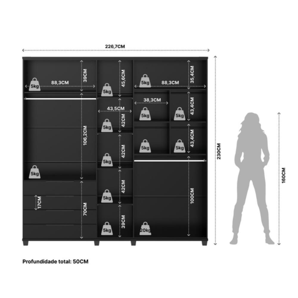 Guarda Roupa Casal 5 Portas 4 Gavetas Allen Preto Fosco - 9