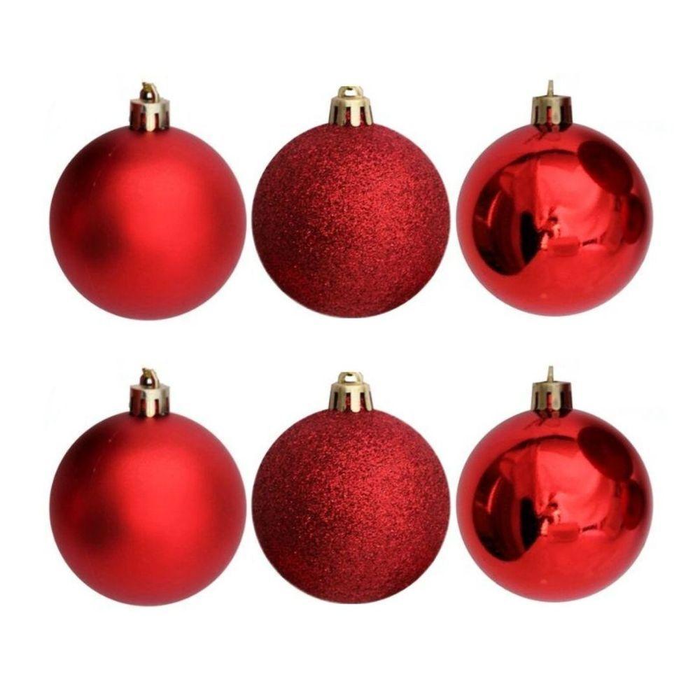 Conjunto 6 Bolas De Natal Vermelho Prime Texturas Mistas 5cm Glitter, Brilho E Fosca - 1