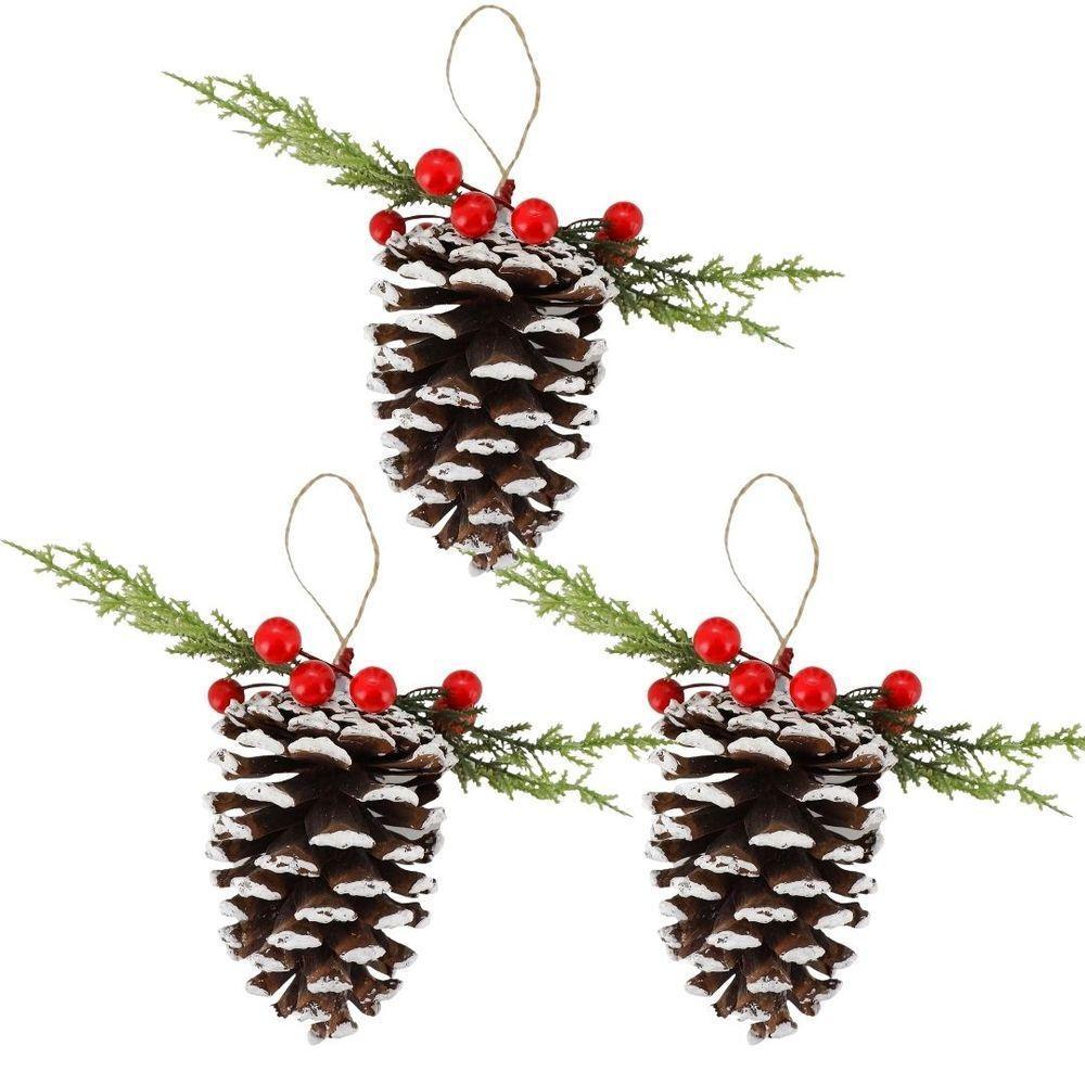 Kit 3 Pinhas Natural Enfeite Nevado Decorado Folhagens E Berries Natal 10cm - Magizi - 1