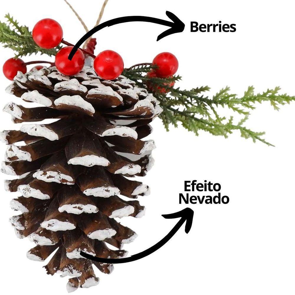 Kit 3 Pinhas Natural Enfeite Nevado Decorado Folhagens E Berries Natal 10cm - Magizi - 3