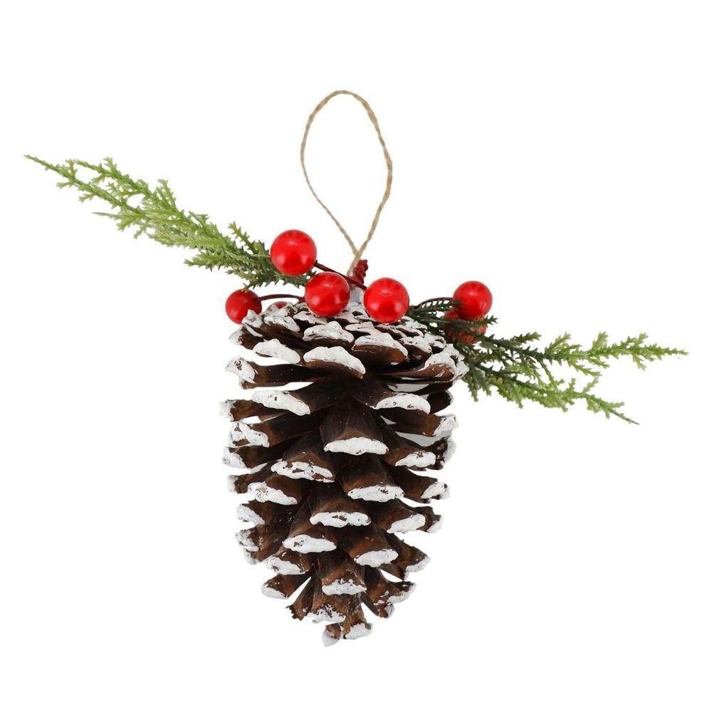 Kit 3 Pinhas Natural Enfeite Nevado Decorado Folhagens E Berries Natal 10cm - Magizi - 5