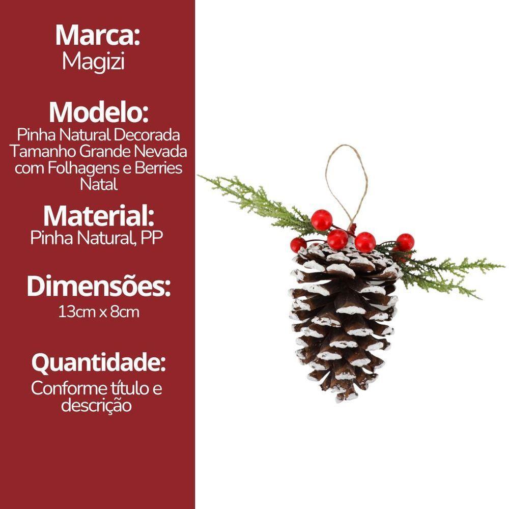 Kit 3 Pinhas Natural Enfeite Nevado Decorado Folhagens E Berries Natal 10cm - Magizi - 7
