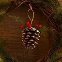 Kit 3 Pinhas Natural Enfeite Nevado Decorado Folhagens E Berries Natal 10cm - Magizi - 2