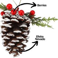 Kit 3 Pinhas Natural Enfeite Nevado Decorado Folhagens E Berries Natal 10cm - Magizi - 3