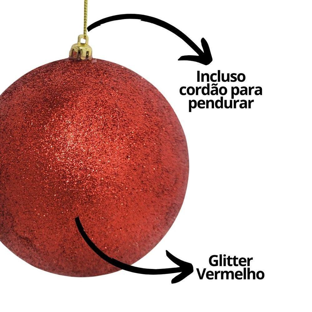Kit 4 Bolas De Natal Vermelhas Glitter Luxo Grande 12cm Com Cordão Para Pendurar - 4