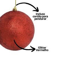 Kit 4 Bolas De Natal Vermelhas Glitter Luxo Grande 12cm Com Cordão Para Pendurar