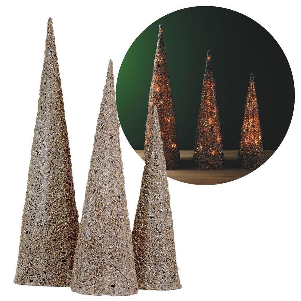Conjunto 3 árvores Decorativas Aramadas Cone Cotton Iluminada Champanhe Glitter Luxo Led 60cm, 50cm E 40cm - 1