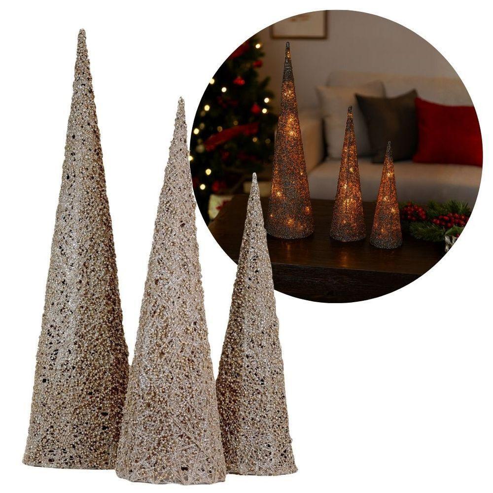 Conjunto 3 árvores Decorativas Aramadas Cone Cotton Iluminada Champanhe Glitter Luxo Led 60cm, 50cm E 40cm - 4