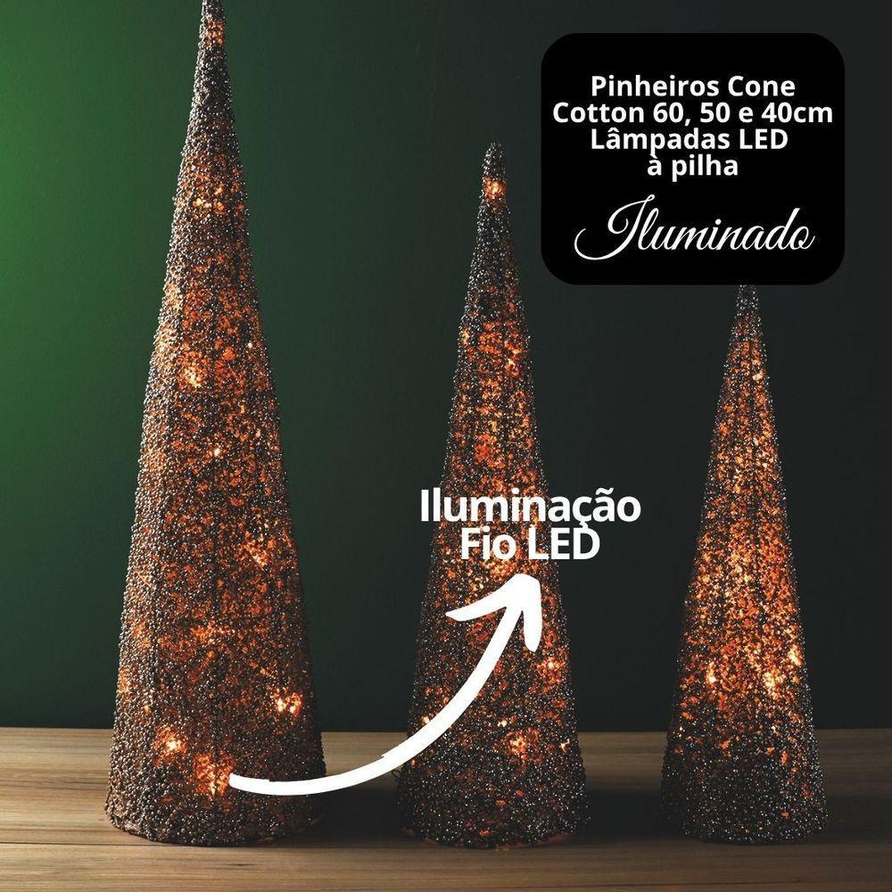 Conjunto 3 árvores Decorativas Aramadas Cone Cotton Iluminada Champanhe Glitter Luxo Led 60cm, 50cm E 40cm - 9