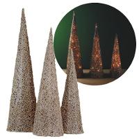 Conjunto 3 árvores Decorativas Aramadas Cone Cotton Iluminada Champanhe Glitter Luxo Led 60cm, 50cm E 40cm - 1