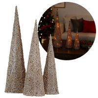 Conjunto 3 árvores Decorativas Aramadas Cone Cotton Iluminada Champanhe Glitter Luxo Led 60cm, 50cm E 40cm