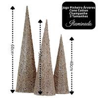 Conjunto 3 árvores Decorativas Aramadas Cone Cotton Iluminada Champanhe Glitter Luxo Led 60cm, 50cm E 40cm - 8