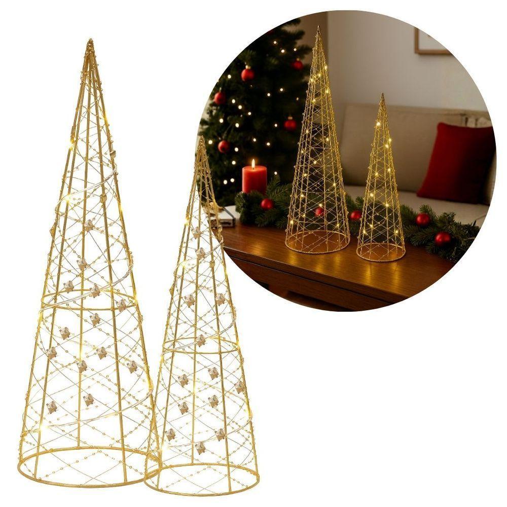 Jogo 2 árvores Decorativas Aramadas Dourado Iluminada Led Luxo Cone 50cm E 40cm - 1