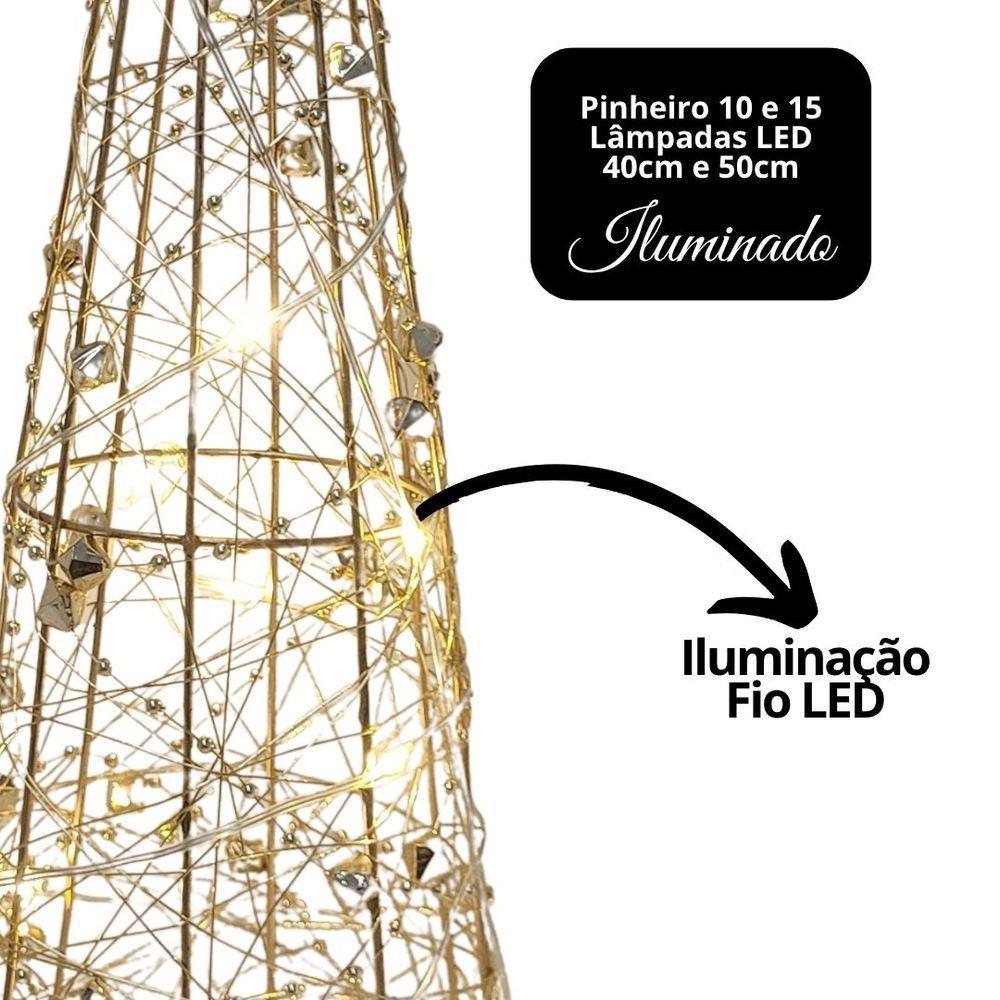 Jogo 2 árvores Decorativas Aramadas Dourado Iluminada Led Luxo Cone 50cm E 40cm - 3
