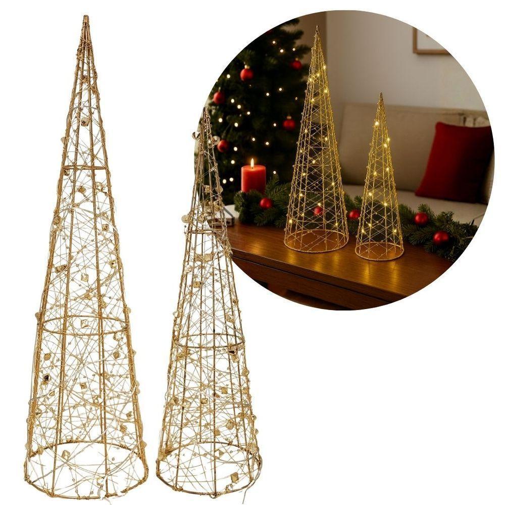 Jogo 2 árvores Decorativas Aramadas Dourado Iluminada Led Luxo Cone 50cm E 40cm - 7