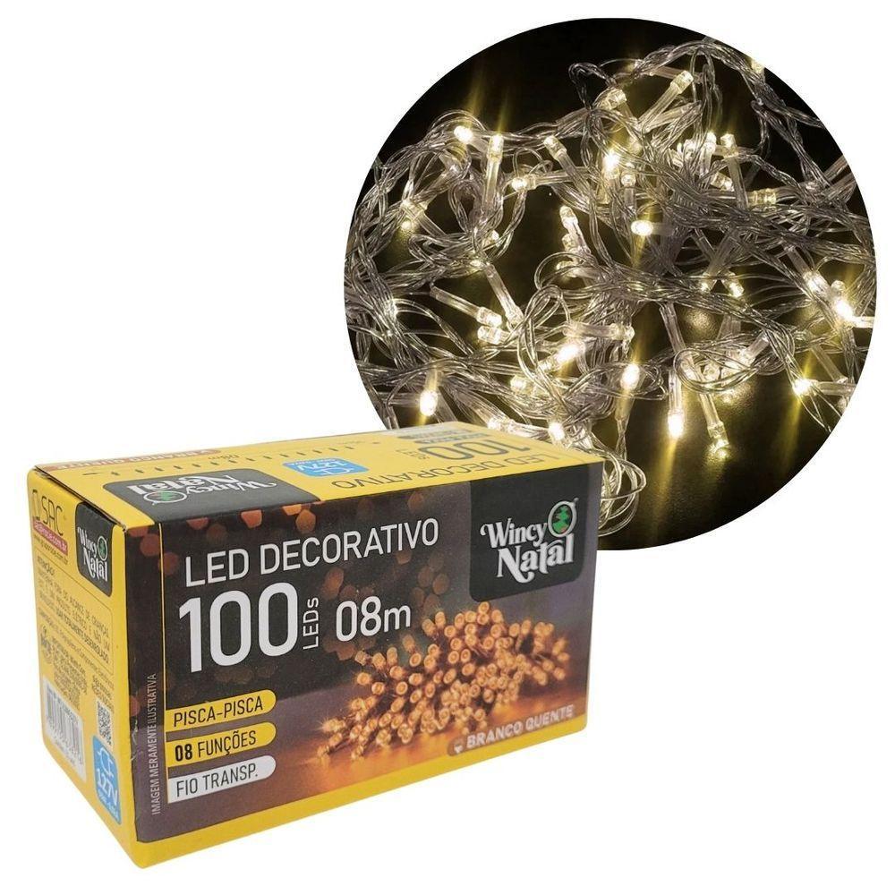 Pisca Led Branco Quente Sequencial 100 Lâmpadas 8 Funções Fio Transparente 8 Metros 127v - 1