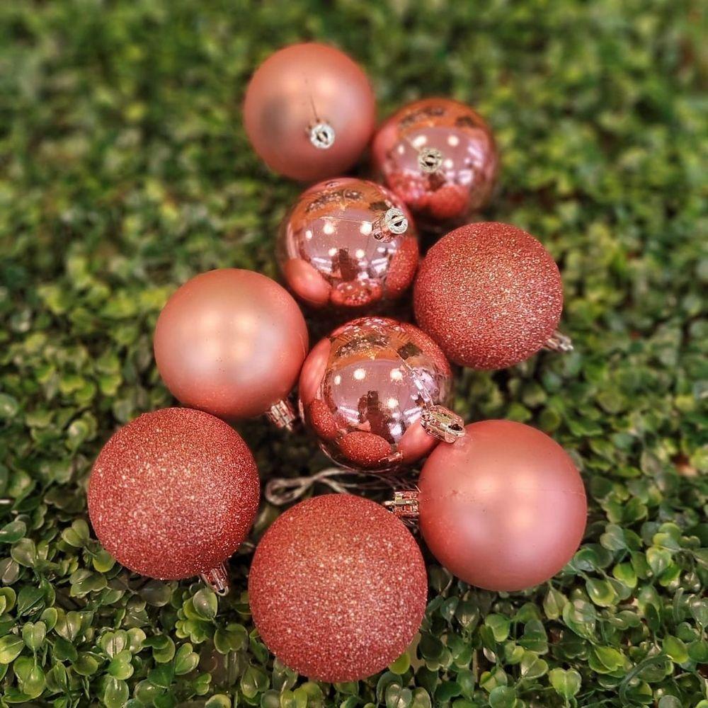 Jogo 27 Bolas Natal Mista Lisa, Glitter E Fosca Rosê 8cm - Master Christmas - 4
