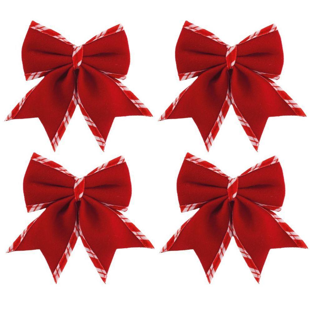 Jogo 4 Laços Natalinos Veludo Vermelho Borda Candy Listrada Prime 12x13cm - 1