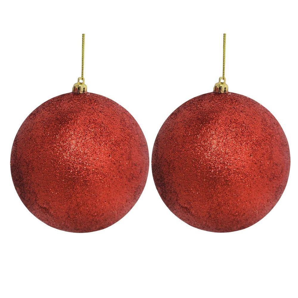 Conjunto 2 Bolas De Natal Vermelhas Glitter Luxo 12cm Com Cordão Para Pendurar - 3