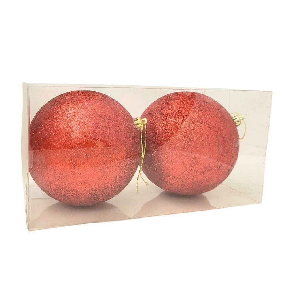 Conjunto 2 Bolas De Natal Vermelhas Glitter Luxo 12cm Com Cordão Para Pendurar - 7