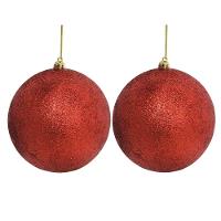 Conjunto 2 Bolas De Natal Vermelhas Glitter Luxo 12cm Com Cordão Para Pendurar - 3