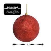 Conjunto 2 Bolas De Natal Vermelhas Glitter Luxo 12cm Com Cordão Para Pendurar