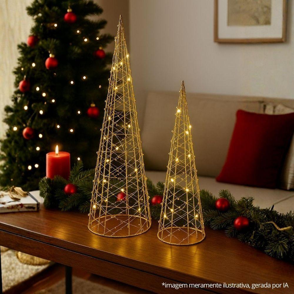 Conjunto 2 árvores Cone Iluminadas Aramada Pingente Decor Dourado Luxo 50cm E 40cm - 2
