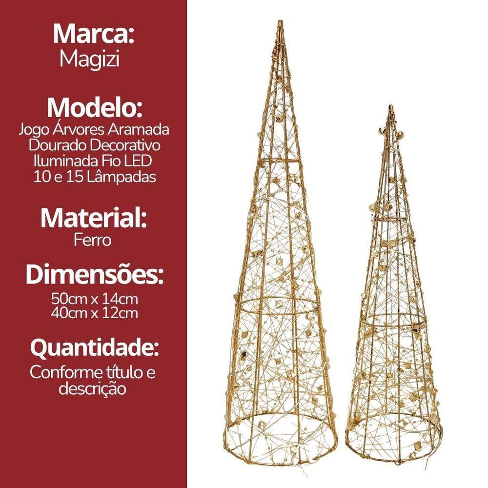 Conjunto 2 árvores Cone Iluminadas Aramada Pingente Decor Dourado Luxo 50cm E 40cm - 7