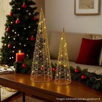Conjunto 2 árvores Cone Iluminadas Aramada Pingente Decor Dourado Luxo 50cm E 40cm - 2