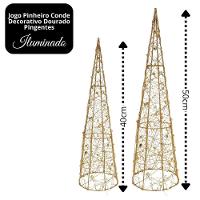 Conjunto 2 árvores Cone Iluminadas Aramada Pingente Decor Dourado Luxo 50cm E 40cm