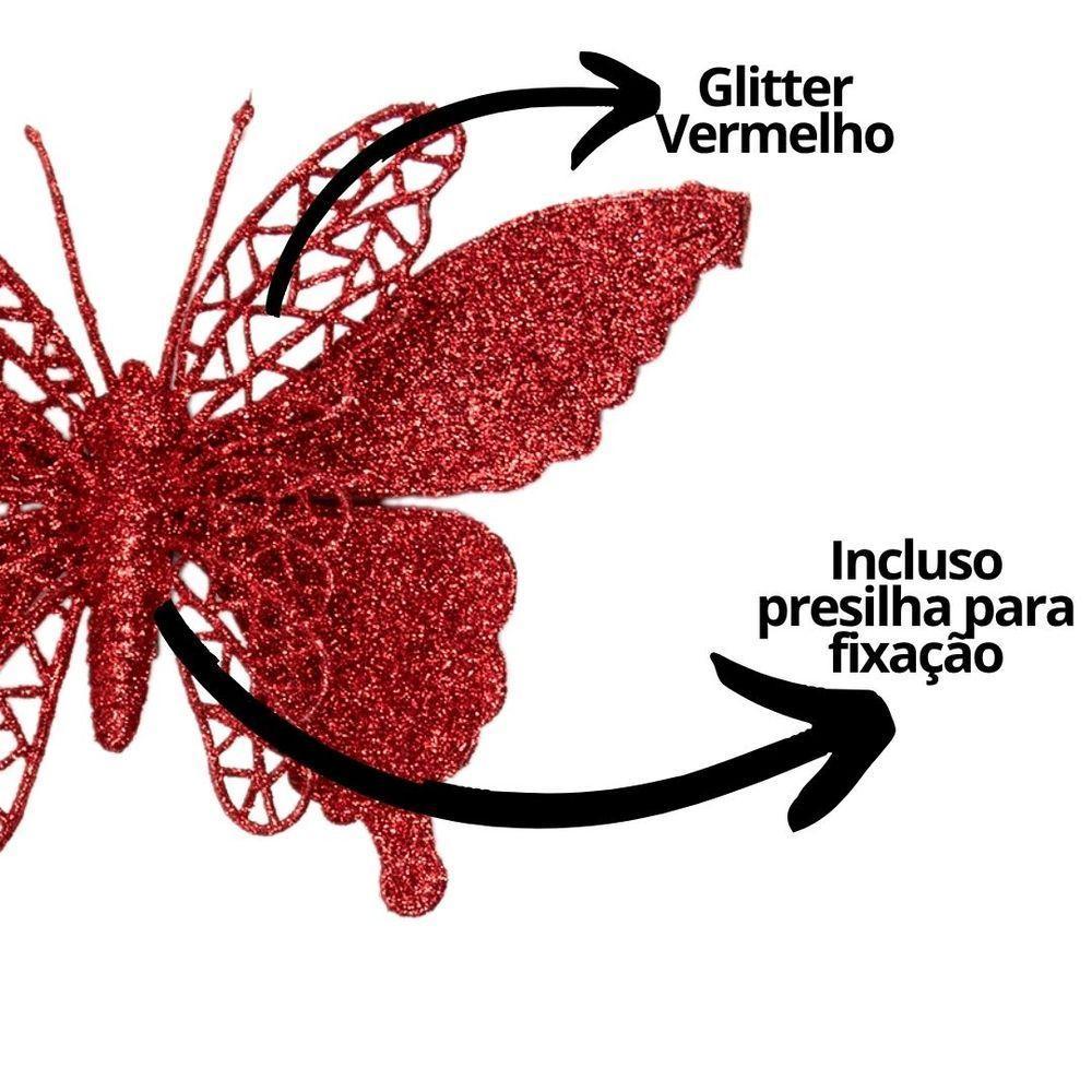 Jogo 2 Borboletas Vermelho Glitter 12x18cm Enfeite Natal Com Presilha - 3