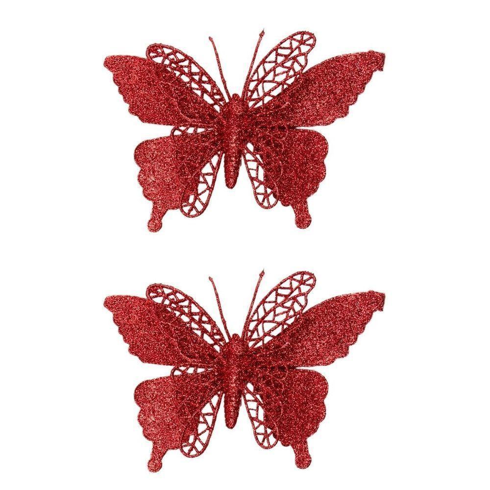 Jogo 2 Borboletas Vermelho Glitter 12x18cm Enfeite Natal Com Presilha - 5