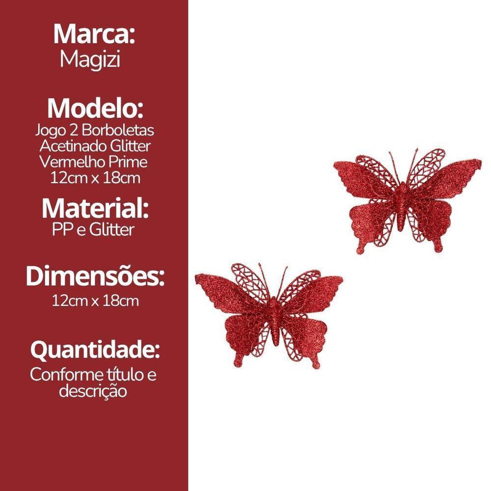 Jogo 2 Borboletas Vermelho Glitter 12x18cm Enfeite Natal Com Presilha - 6