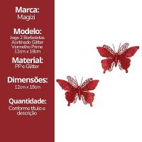 Jogo 2 Borboletas Vermelho Glitter 12x18cm Enfeite Natal Com Presilha - 6