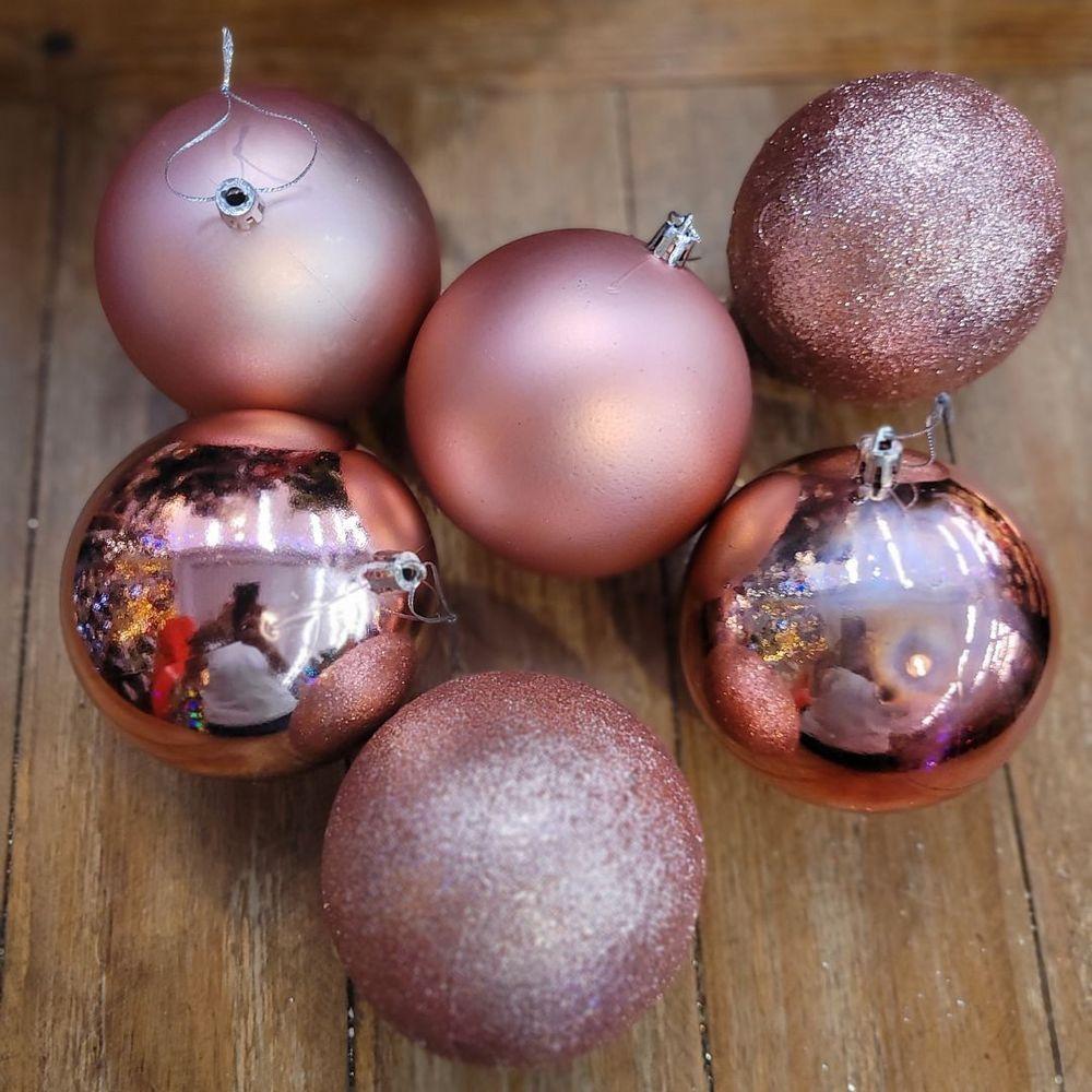 Conjunto 12 Bolas De Natal Rosê Grande Prime Texturas Mistas 10cm Glitter, Brilho E Fosca - 4