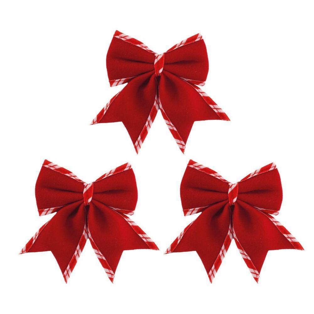 Jogo 3 Laços Natalinos Veludo Vermelho Borda Candy Listrada Prime 9x10cm - 1