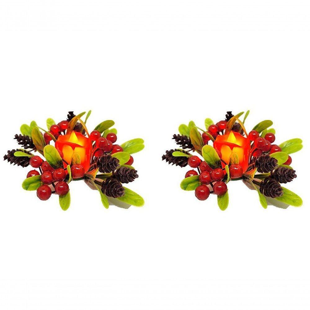 Kit 2 Porta Velas Natalino Folhagens E Pinhas E Vela Eletrônica Led - Magizi - 3