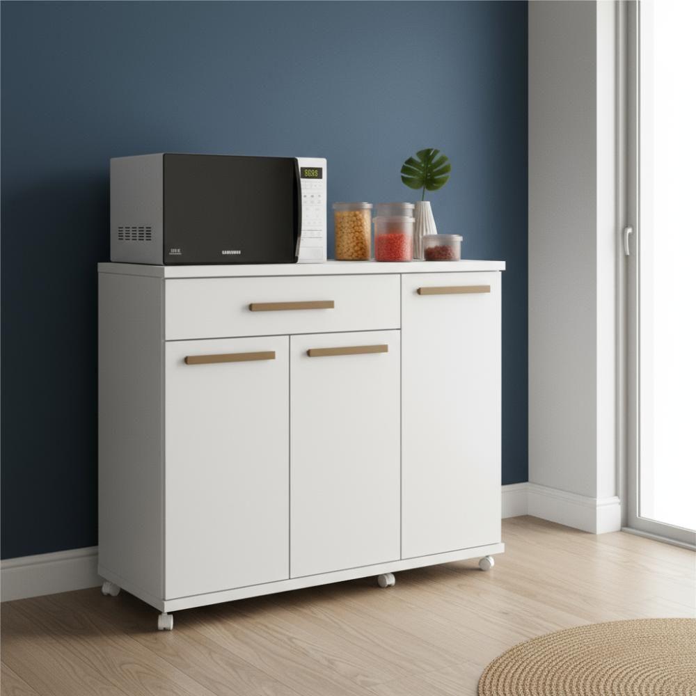 Balcão Dispensa Cozinha 3 Portas 1gaveta Com Rodinhas Branco - 1