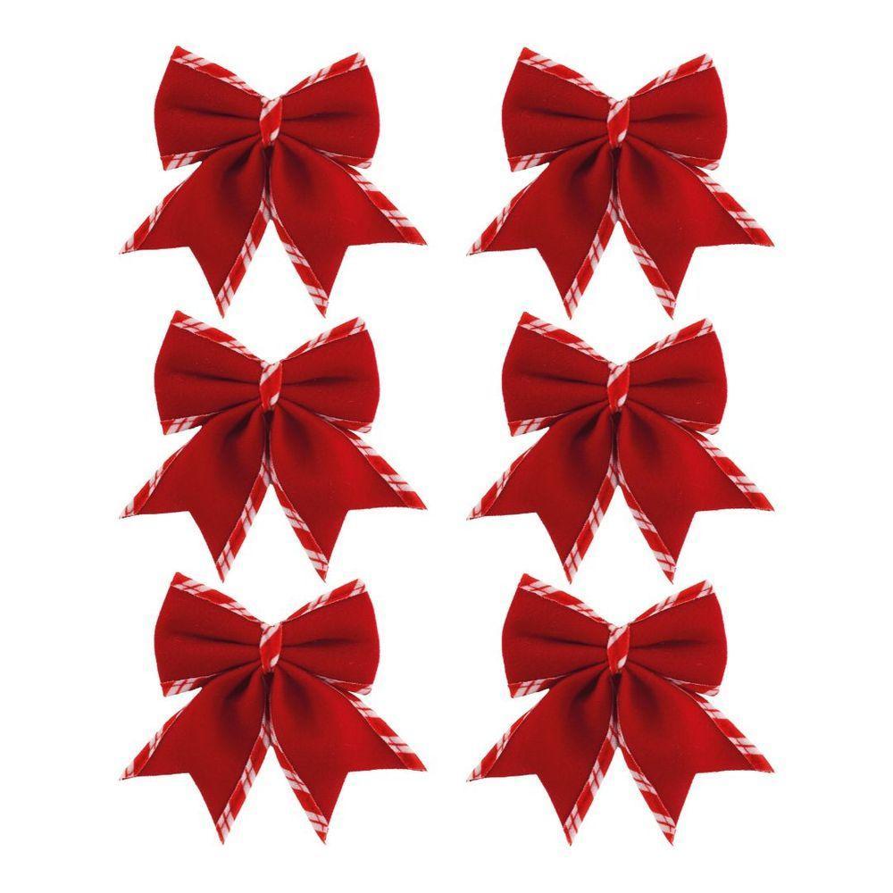 Jogo 6 Laços Natalinos Veludo Vermelho Borda Candy Listrada Prime 9x10cm - 1