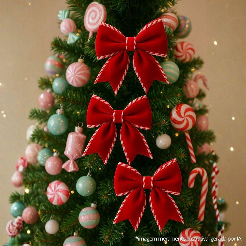 Jogo 6 Laços Natalinos Veludo Vermelho Borda Candy Listrada Prime 9x10cm - 2