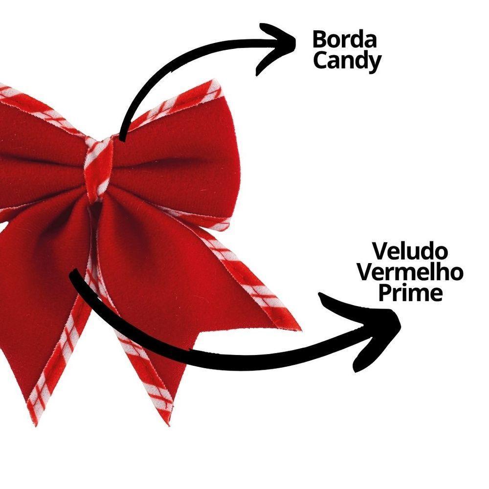 Jogo 6 Laços Natalinos Veludo Vermelho Borda Candy Listrada Prime 9x10cm - 3