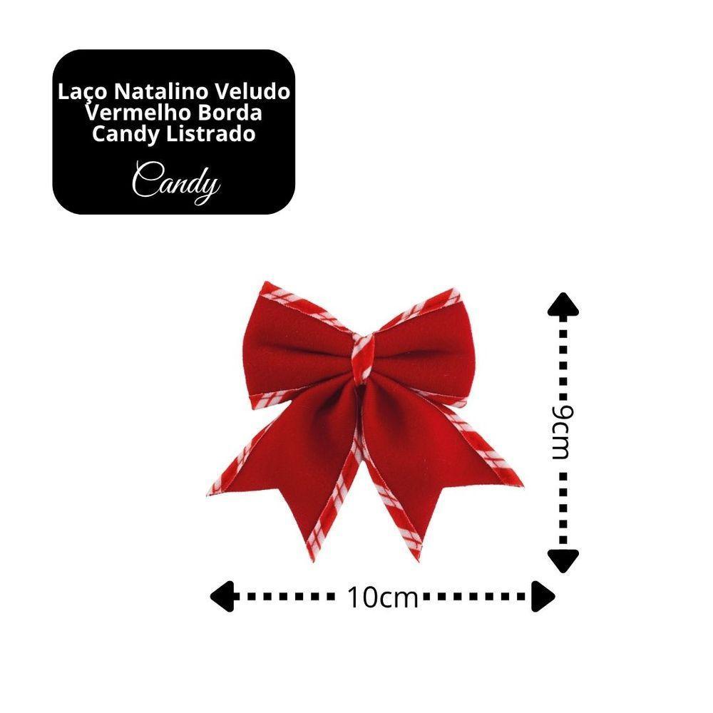 Jogo 6 Laços Natalinos Veludo Vermelho Borda Candy Listrada Prime 9x10cm - 4