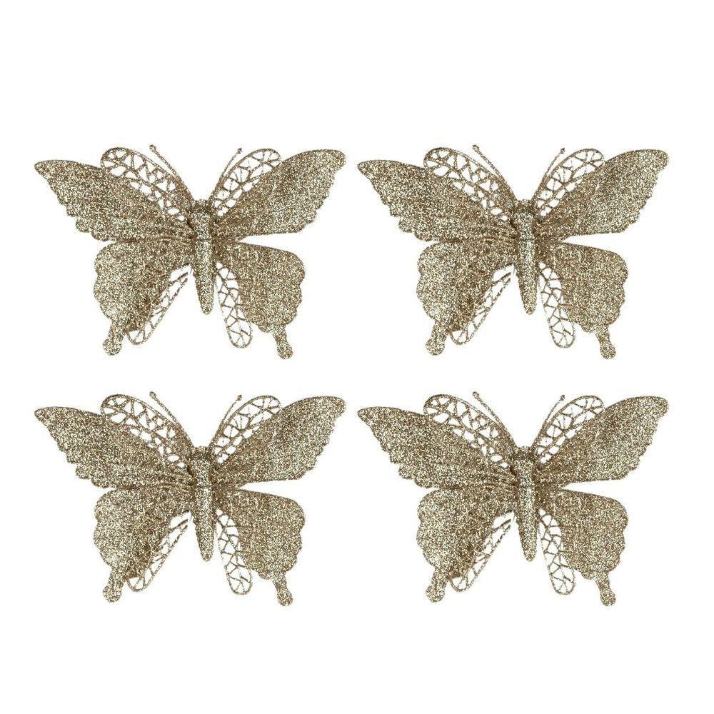 Jogo 4 Borboletas Champanhe Glitter 12x18cm Enfeite Natal Com Presilha - 1