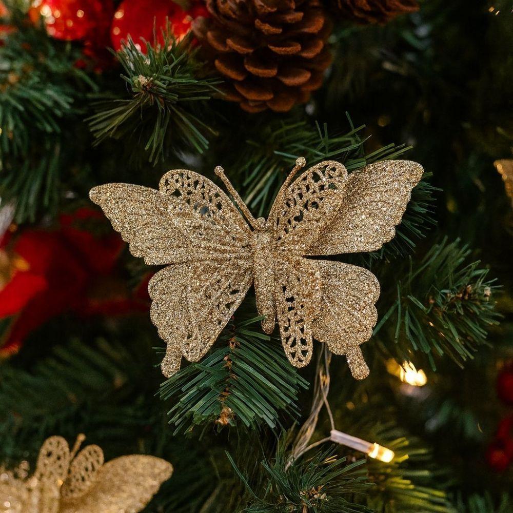 Jogo 4 Borboletas Champanhe Glitter 12x18cm Enfeite Natal Com Presilha - 2