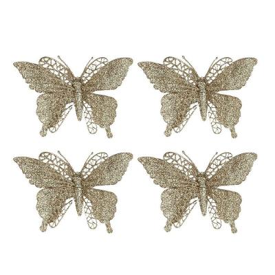 Jogo 4 Borboletas Champanhe Glitter 12x18cm Enfeite Natal Com Presilha