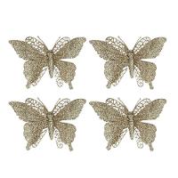 Jogo 4 Borboletas Champanhe Glitter 12x18cm Enfeite Natal Com Presilha - 1